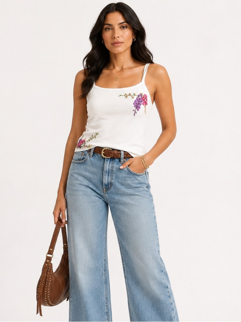 Vintage Joseph A White Floral-Embroidered Tank